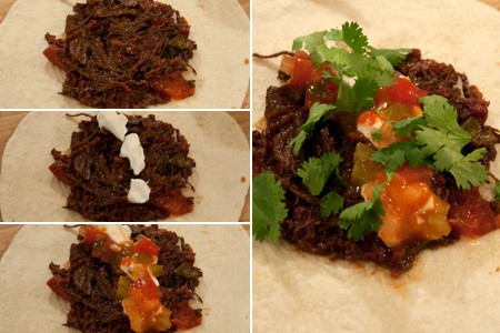 Filling machaca burritos Filling machaca burritos