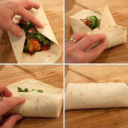 To roll a burrito, fold in two sides. Begin to roll from the bottom until 