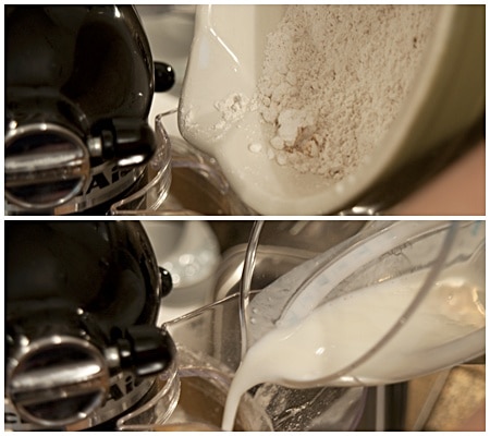 Adding flour and buttermilk to Glazed Pumpkin Pound Cake Adding flour and buttermilk to Glazed Pumpkin Pound Cake