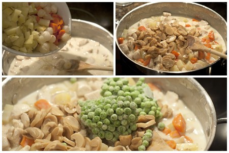 Adding final ingredients to Chicken Pot Pie