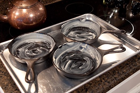 Skillets prepared for hash brown-omelets