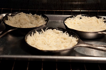 Hash brown mixture in skillets