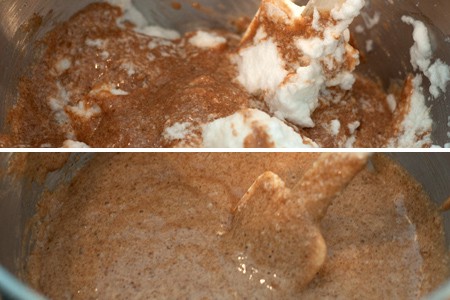 Folding batter into egg whites Folding batter into egg whites