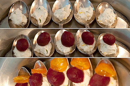 Assemble the pickled beet amuse bouche Assemble the pickled beet amuse bouche