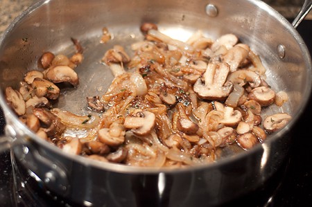 Caramelizing onions and mushrooms for Chicken, Bacon, and Mushroom Sandwich Caramelizing onions and mushrooms for Chicken, Bacon, and Mushroom Sandwich