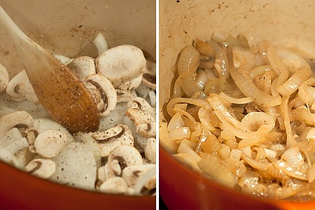 Onions and mushrooms cooking for Creamy Steak and Mushrooms