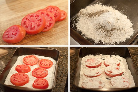 Preparing tomatoes for Fried Tomatoes with Cream Gravy