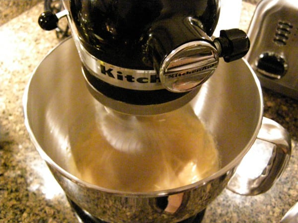 Mixing ingredients in a stand mixer.