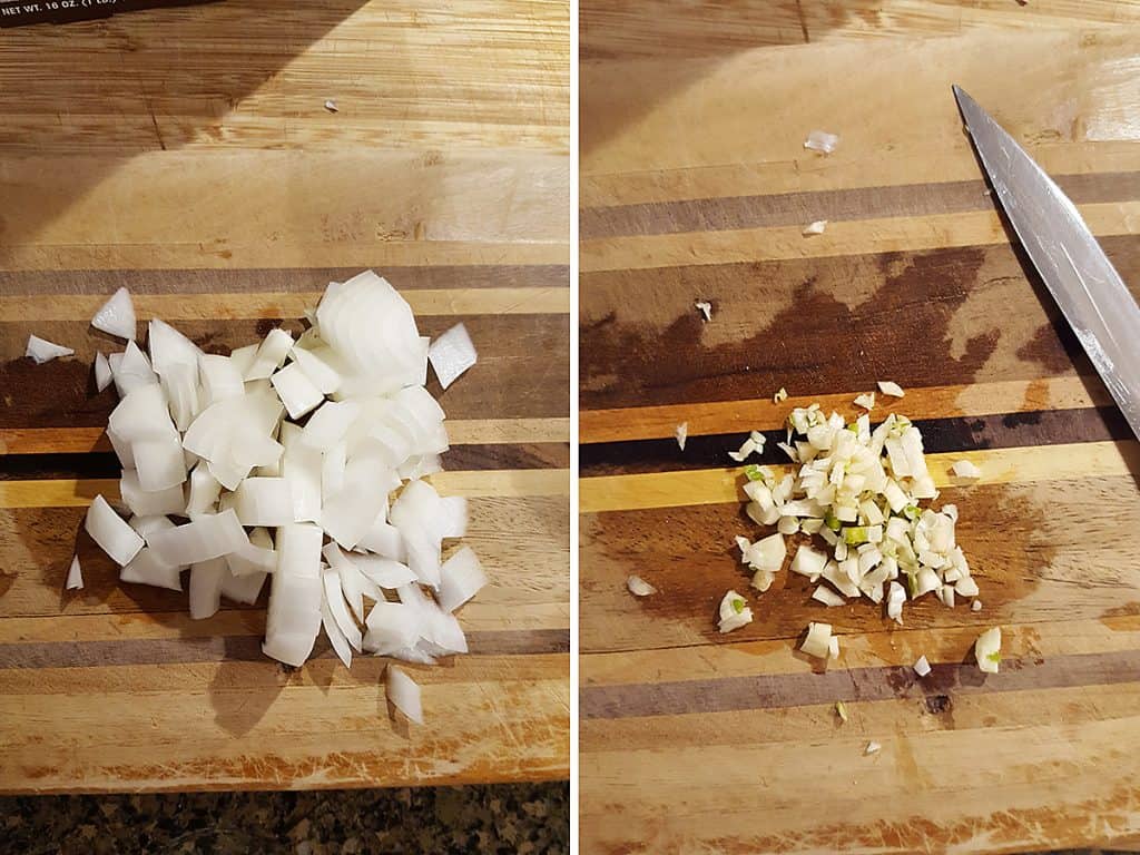 Side-by-side images show chopped onions on the left and minced garlic on the right, both on a wooden cutting board with a kitchen knife visible on the right side.