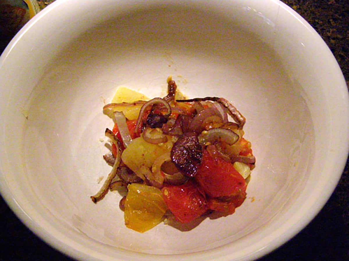 Roasted vegetables in a bowl.