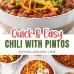A bowl of chili with pinto beans, topped with cheese, sour cream, and cilantro, on a white table.