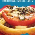 Tomato goat cheese tart on a red plate.