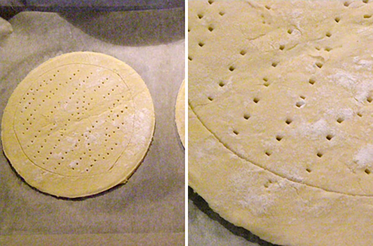 Cutting and pricking pastry dough.