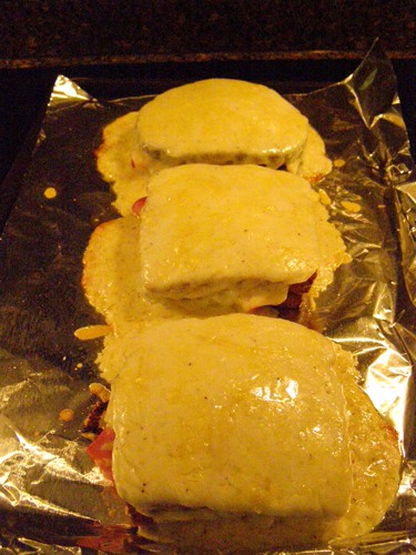 Assembled sandwiches after broiling.