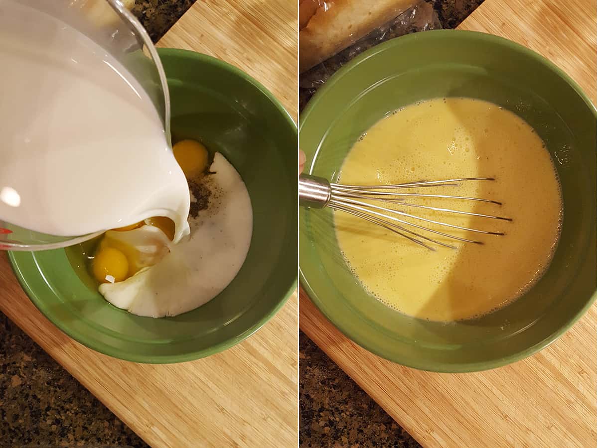 Mixing milk and eggs in a bowl.