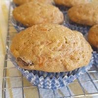 Low Fat Carrot Raisin Muffins - a fantastic, sweet muffin made with yogurt, egg substitute, and applesauce. A favorite for breakfast and afternoon snacks. https://www.lanascooking.com/carrot-raisin-muffins/