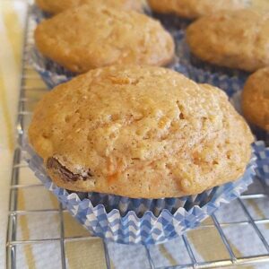 Low Fat Carrot Raisin Muffins - a fantastic, sweet muffin made with yogurt, egg substitute, and applesauce. A favorite for breakfast and afternoon snacks. https://www.lanascooking.com/carrot-raisin-muffins/