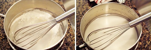 Sugar, cornstarch, and water in a double boiler.