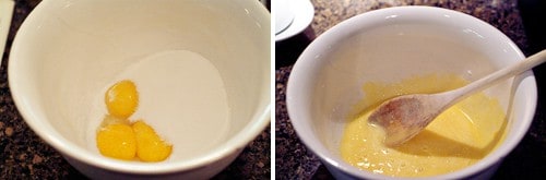 Beaten egg yolks and sugar in a mixing bowl.