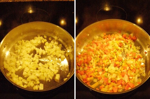Onion, garlic, carrot, celery, and peppers cooking in a skillet.