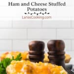 A serving of ham and cheese stuffed potatoes on a white plate.