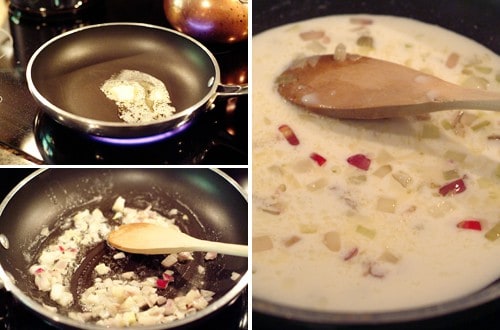 Photo collage showing skillets with shallots, milk and butter.