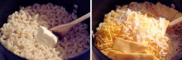 Add butter and cheese to warm macaroni.