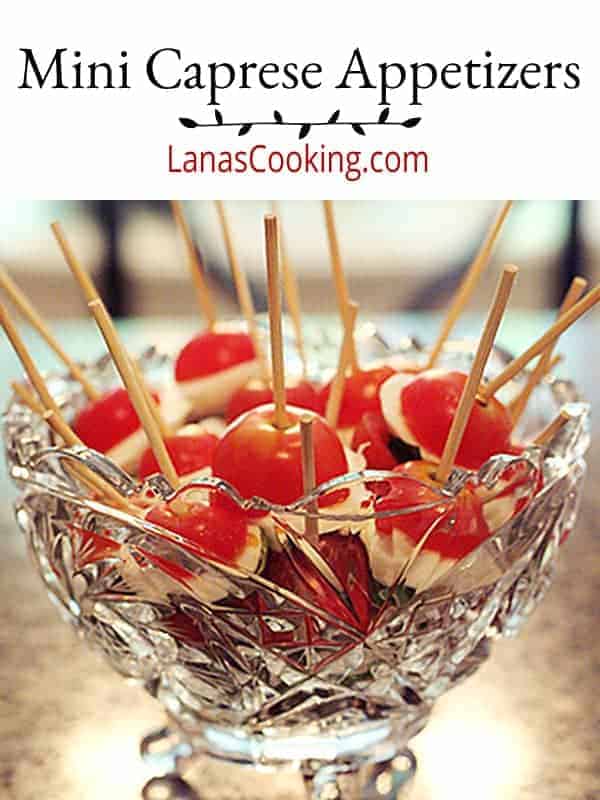 These mini caprese appetizers contain all the elements of a classic caprese salad in appetizer form. https://www.lanascooking.com/mini-caprese-appetizers/