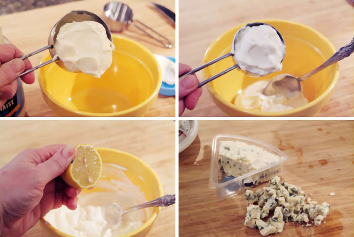 Photo collage of all ingredients being added to a mixing bowl.