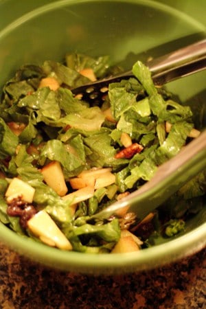 Tossing the salad with red wine vinaigrette.