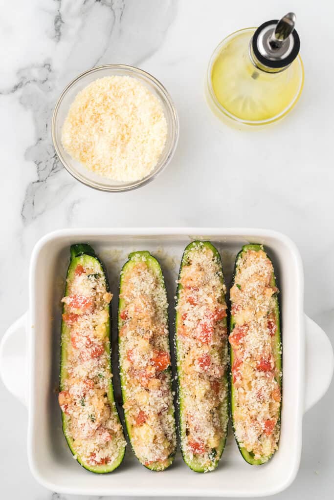 Zucchini halves filled with stuffing mixture.
