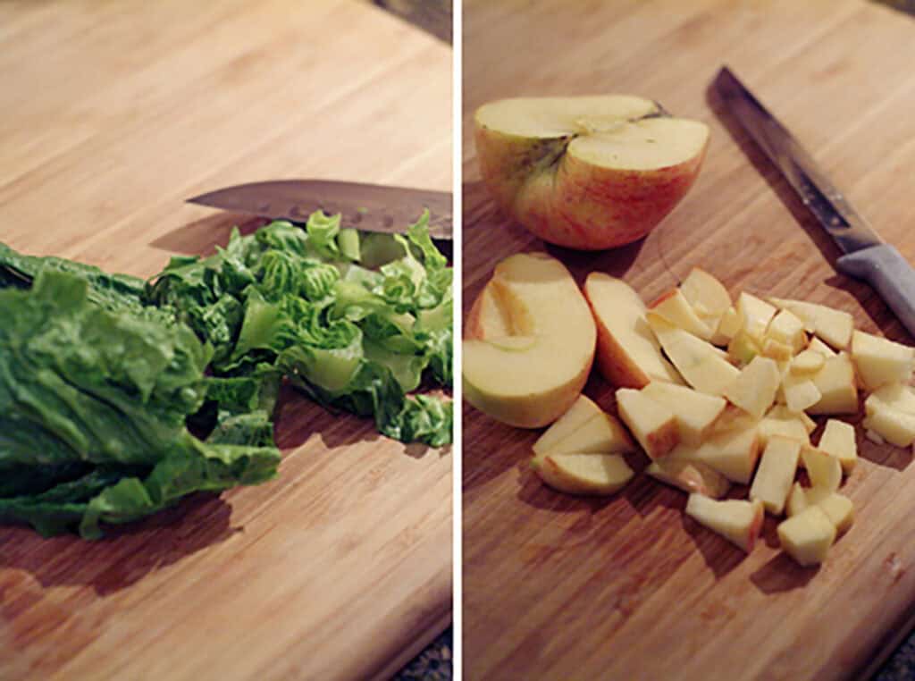 Prepping the lettuce and apple.