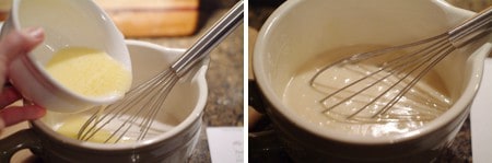 Adding melted butter to batter in a bowl.