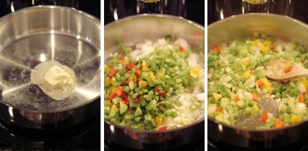 Sauteing vegetables in butter in a skillet.