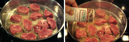 Left -- pork tenderloin cooking in a skillet; right -- sprinkling seasoning into the pan.