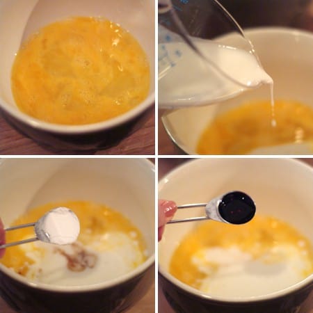 Combining wet ingredients in a mixing bowl.
