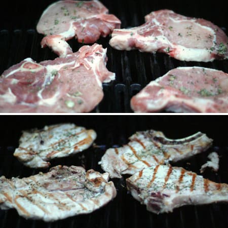 Pork chops cooking on the grill.