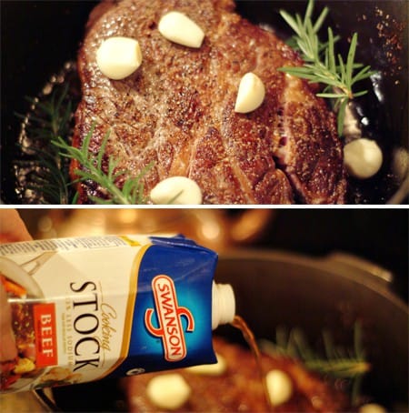 Adding seasonings and broth to the pan with the chuck roast.