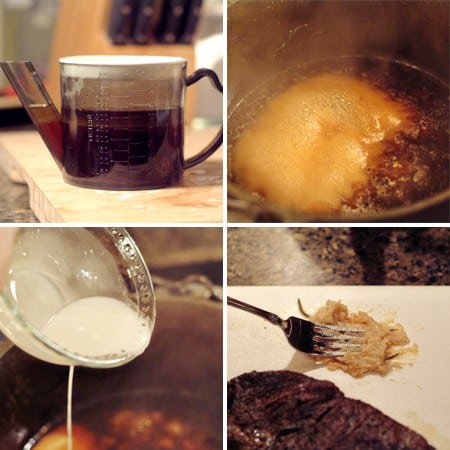 Collage showing steps for making gravy.