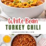 A bowl of white bean turkey chili topped with cheese and sour cream, with a pot of chili and shredded cheese nearby.