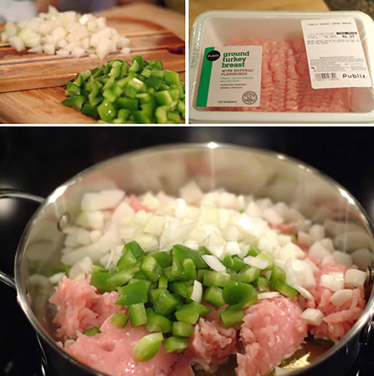 Chopped onions and green peppers, ground turkey in package, and all three in a pot on a stovetop.