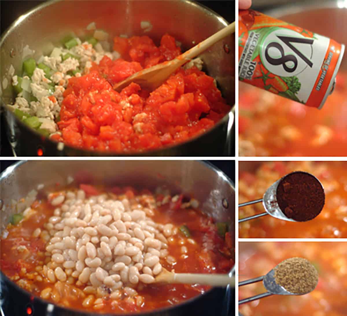 Chili cooking process: veggies, tomatoes, V8 juice, white beans, and spices are added to a pot and stirred.