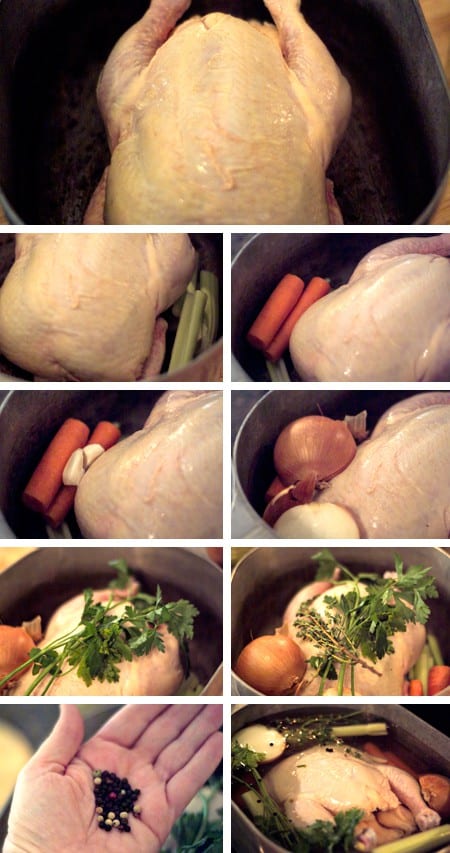 Photo collage of all ingredients and steps for making chicken stock.