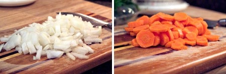 Onions and carrots sliced on a cutting board.