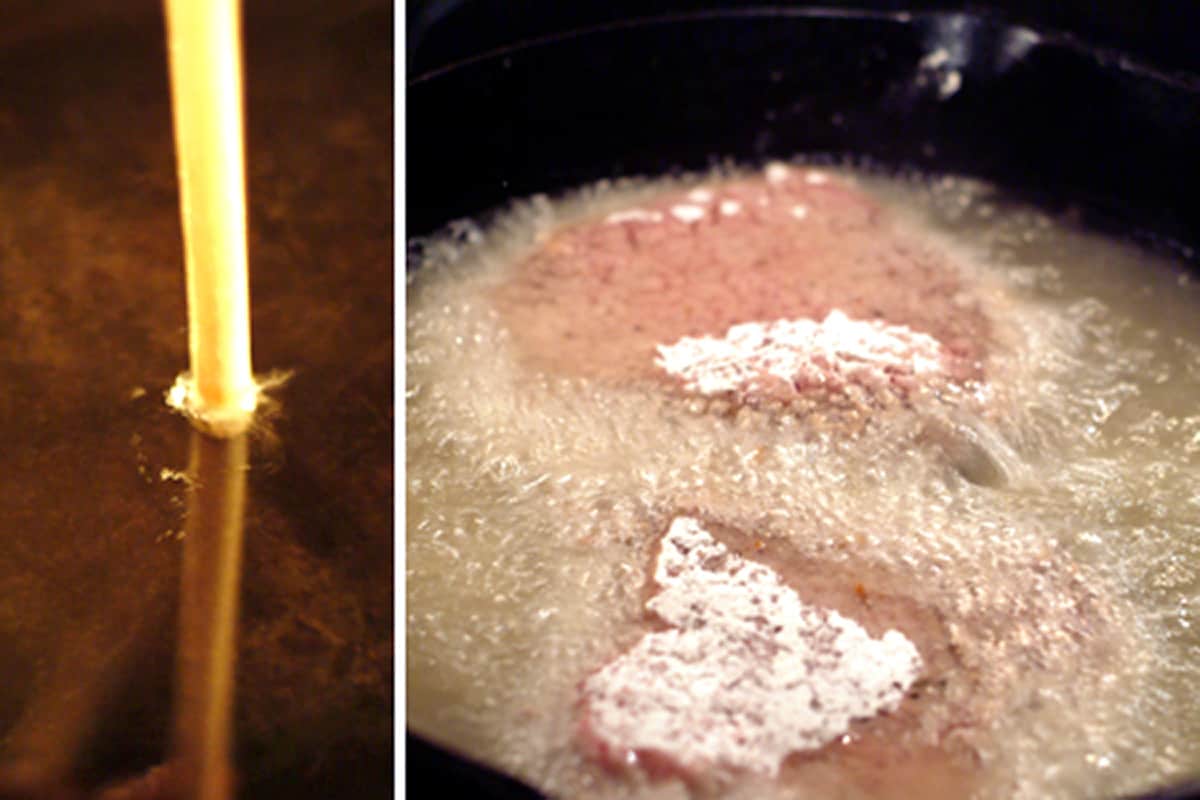 Collage showing hot oil on the left and steak frying on the right.