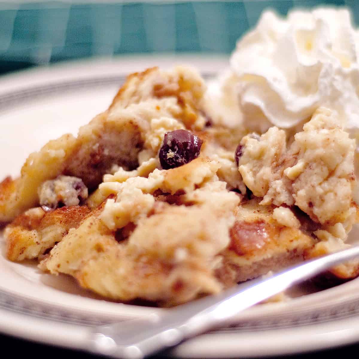 A serving of old fashioned bread pudding.