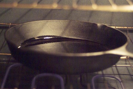 Iron skillet inside an oven.