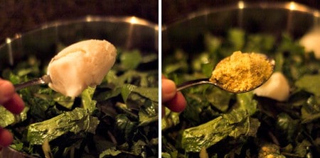 Collage showing amounts of seasonings being added to pot of turnip greens.