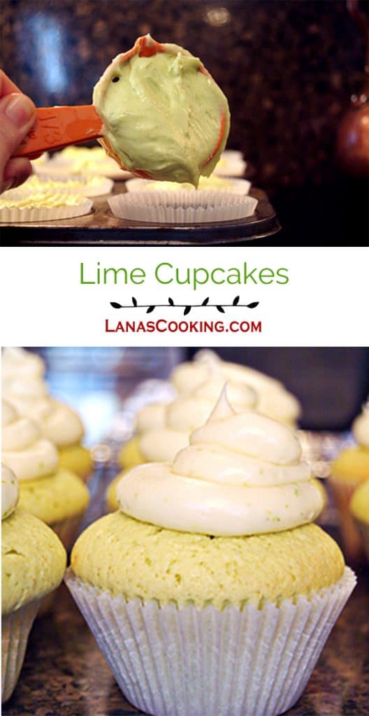Luscious lime cupcakes with a lime and cream cheese frosting. https://www.lanascooking.com/lime-cupcakes/