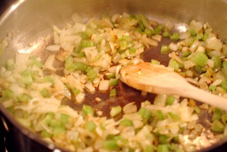 Sauteeing onions, celery and garlic.